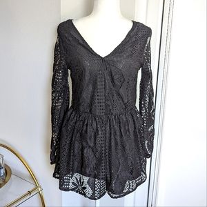 Boho black floral lace romper